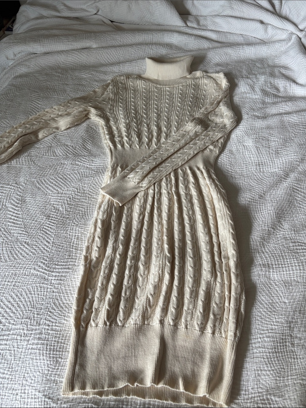 Women's Cable Knit Turtleneck Sweater Dress - Cream